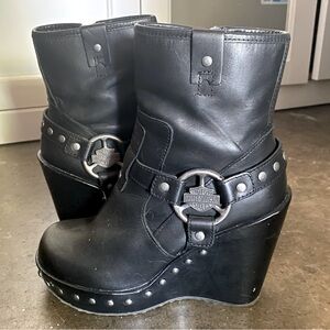 Vintage Harley Davidson Motorcycle Wedge Leather Boots